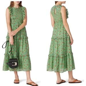 Banjanan Iris Floral Maxi Ruffle Tier Sleeveless Sheath Cotton Green Dress XS